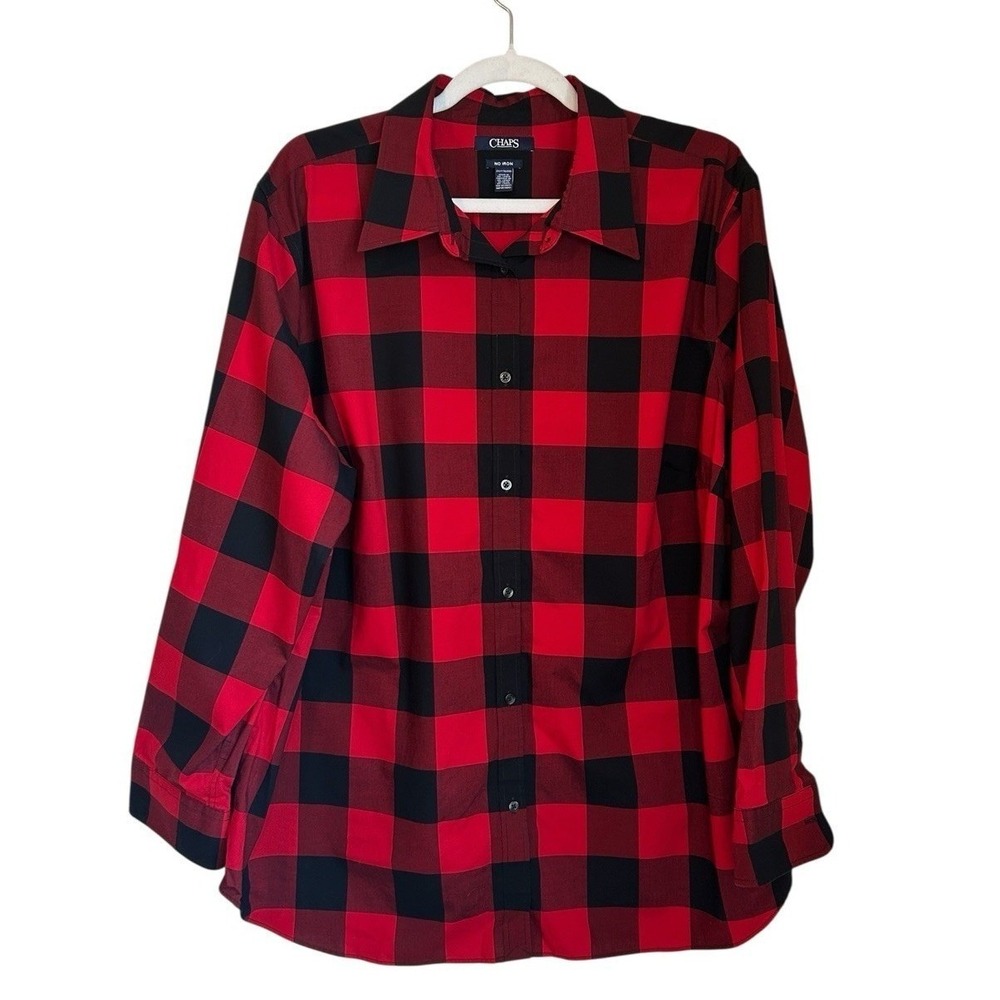 Chaps Womens 2X No Iron Red Black Buffalo Check Poplin Shirt Classic Heritage